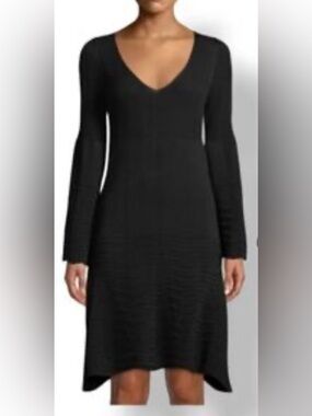 Leon Max Black V-Neck Long Bell Sleeve Knit Dress - ribbed bodice, chevron skirt